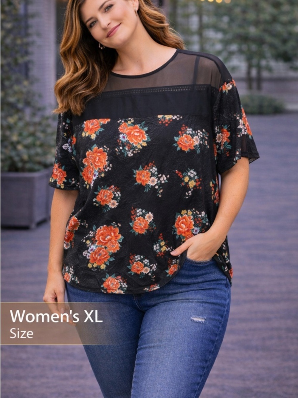 Bobbie Brooks Black Floral Mesh Blouse XL